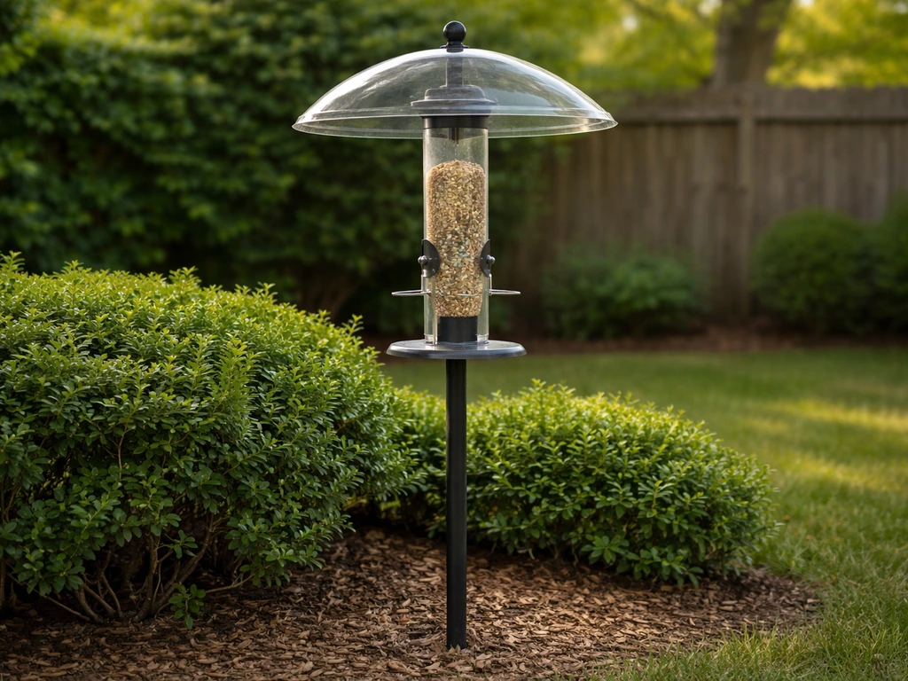 Tidy backyard with a crow-resistant tube bird feeder and shrubs, focused on avoiding spilled seed