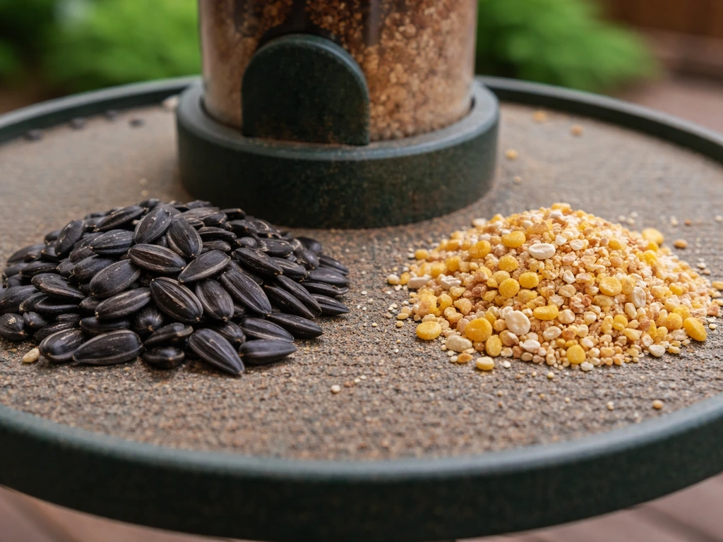 Close-up of a simple bird feeder with black-oil sunflower seeds and other mixed seeds, showing an avoidable option
