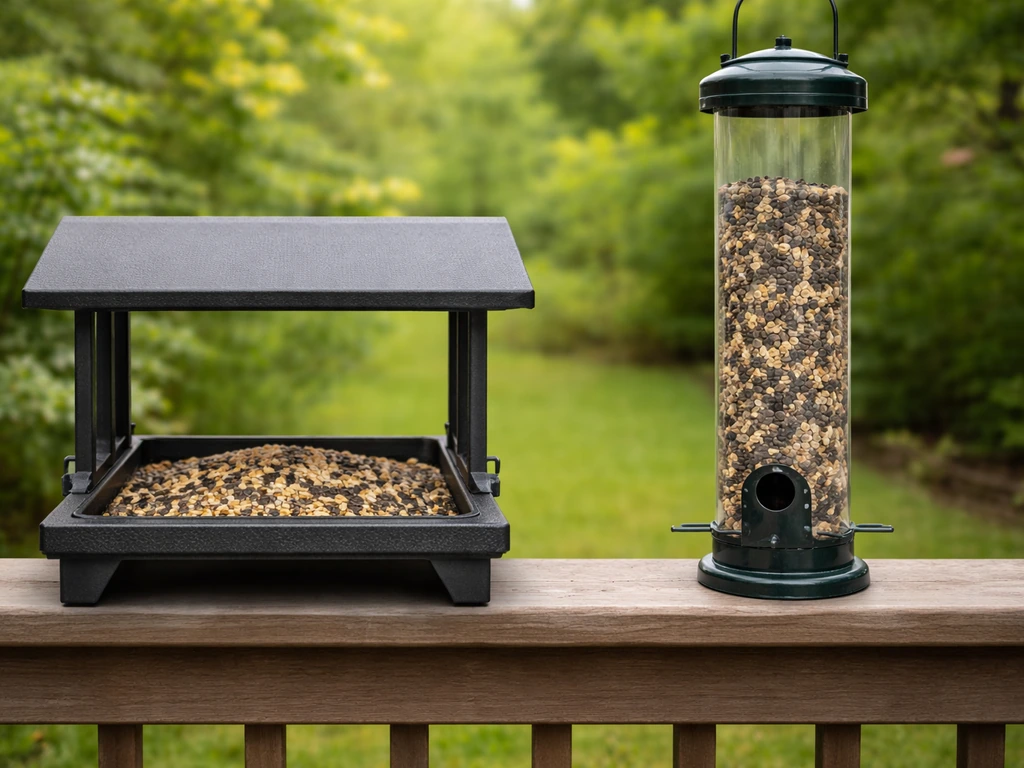 Two bird feeders side-by-side: one with a broad perch and one with minimal perches.