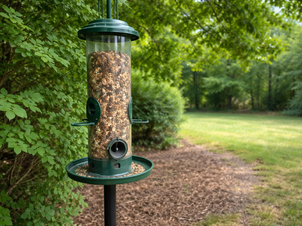Bird feeder mounted near dense shrubs with an open landing approach visible in the background.