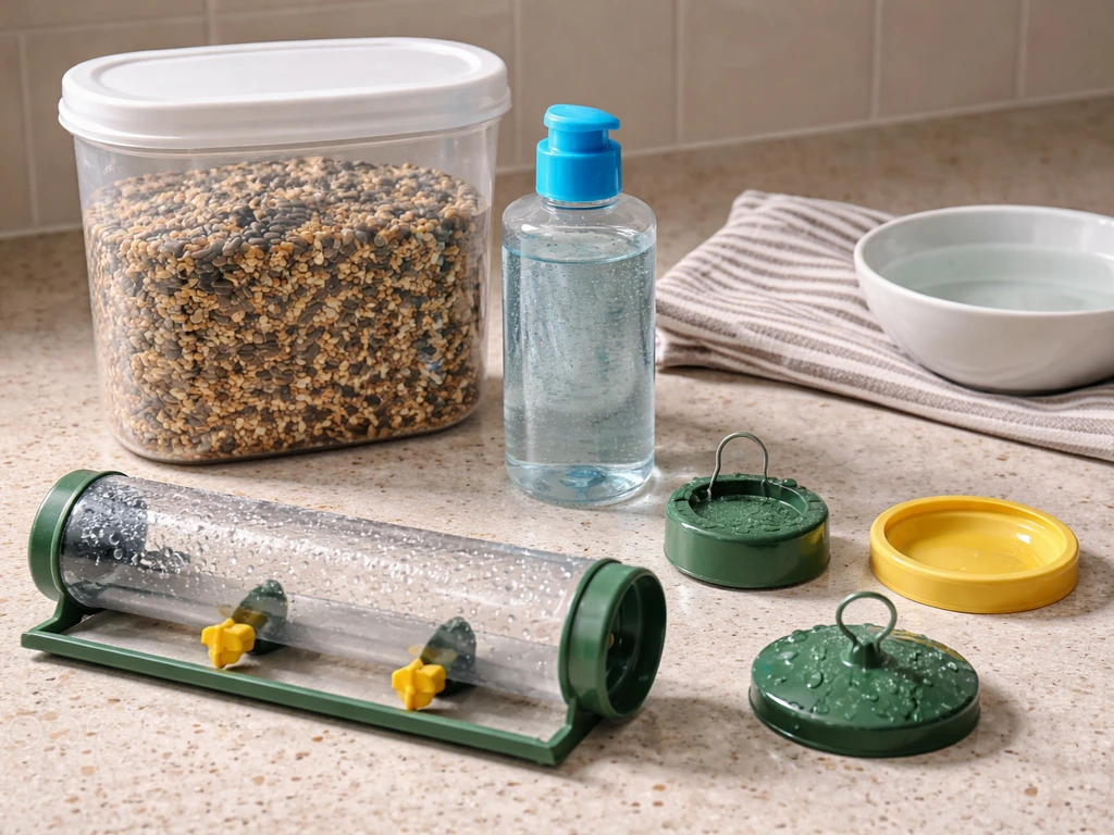 Close-up of a lidded container and cleaning bottle beside a rinsed bird feeder parts on a kitchen counter.