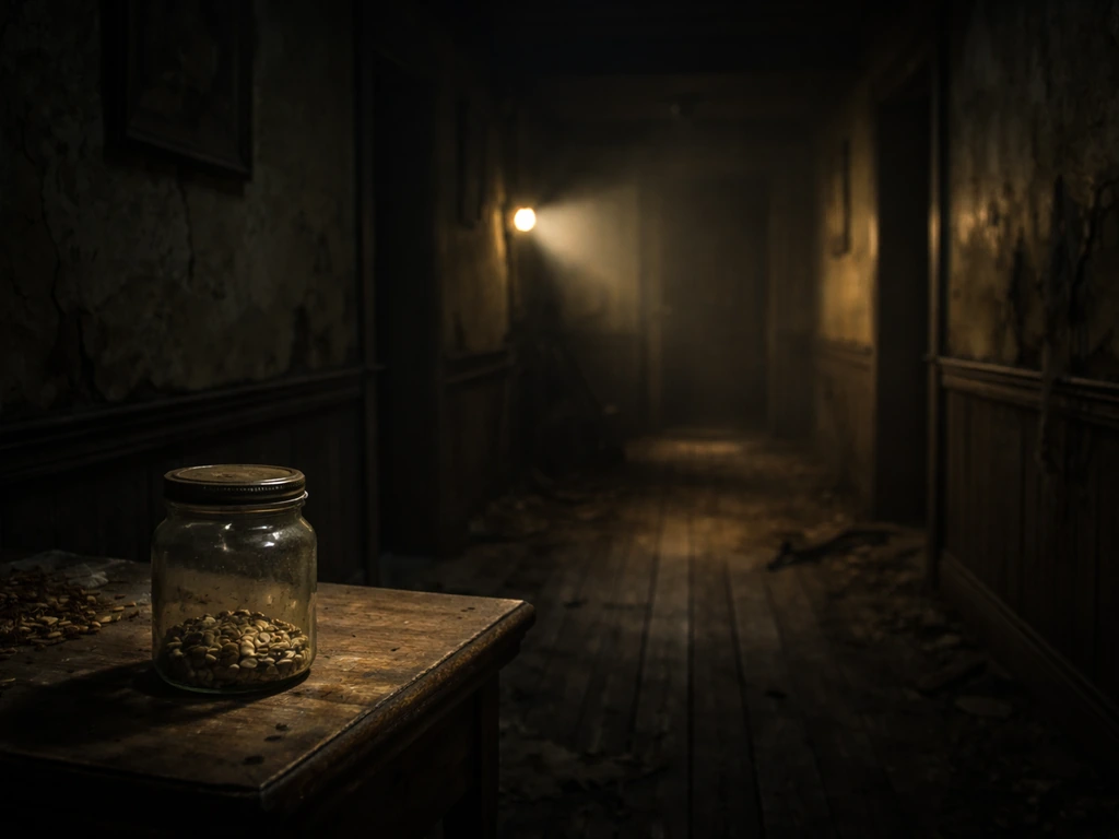 Dim horror house hallway with a small jar of bird seed on a side table in shadowy light