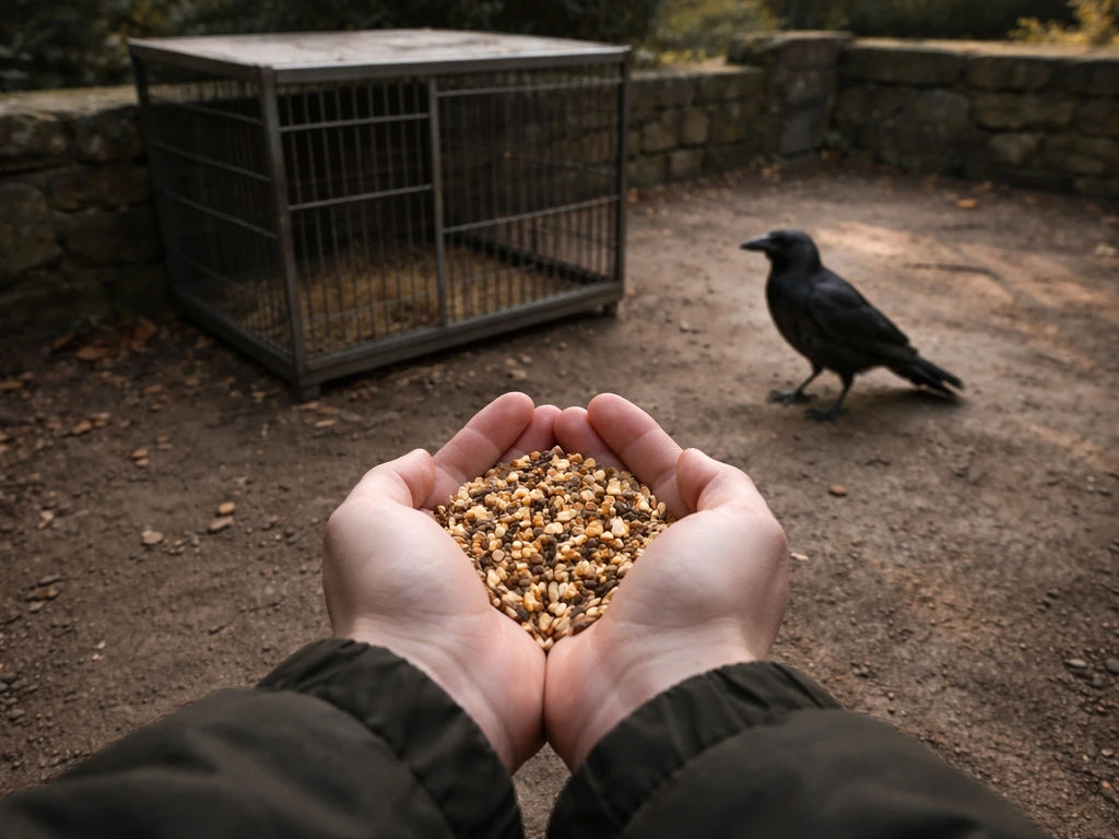 Player carries birdseed toward a crow cage while a crow stands near the cage, appearing distracted.