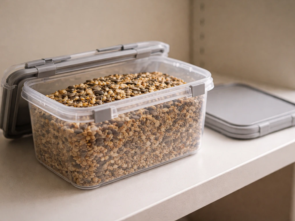 Sealed rigid bird seed container on a cool, dry pantry shelf to show proper storage.