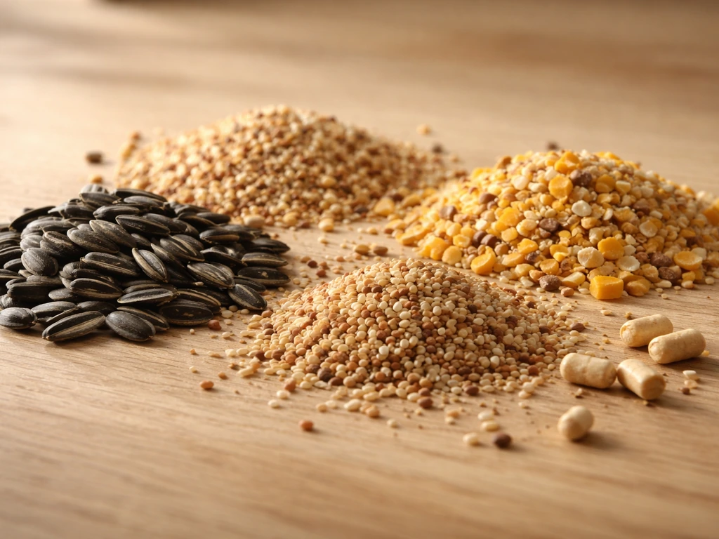 Close-up of assorted birdseed in small piles, showing different seeds and pale filler pellets on a tabletop.