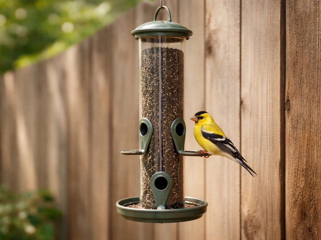 A finch near a small tube feeder with narrow ports for tiny nyjer/thistle seeds.