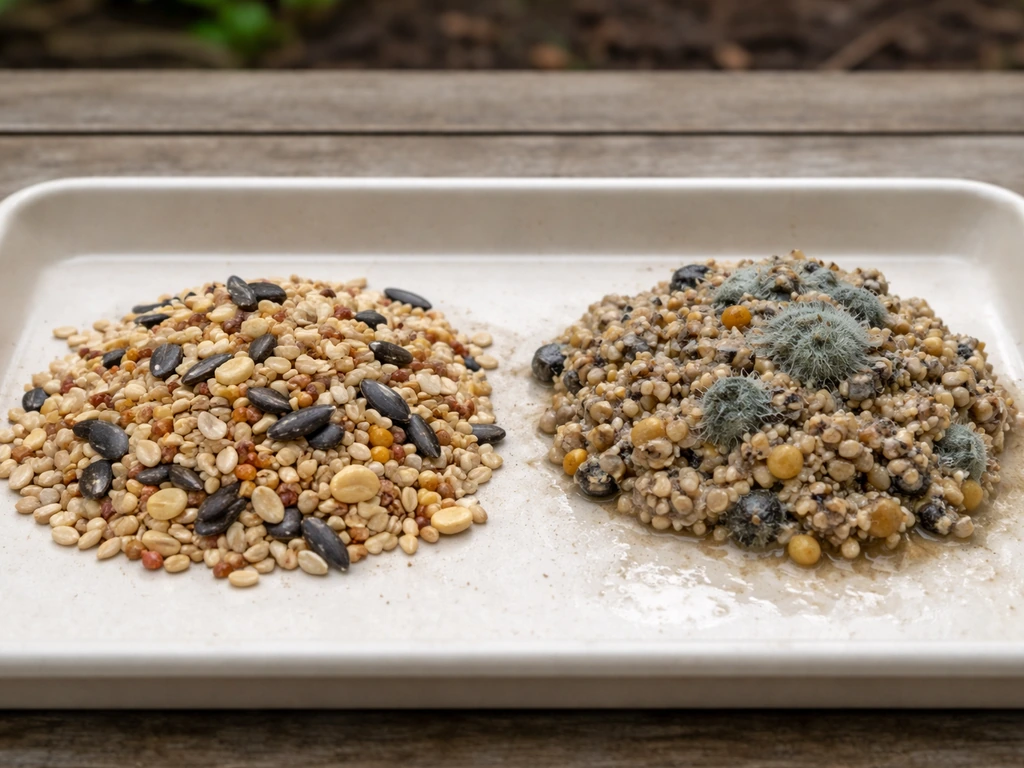 Dry bird seed on the left and wet, moldy clumped seed on the right in a simple tray.