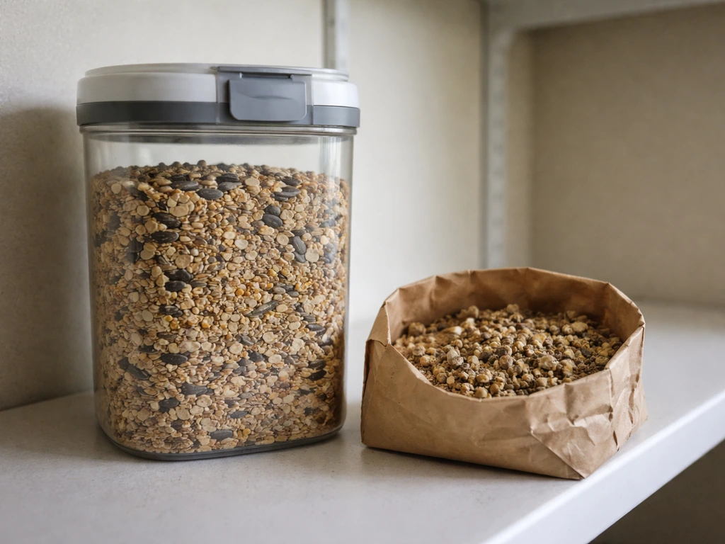 A sealed airtight jar of dry bird seed beside clumped, spoiled seed in a cool dry storage area.