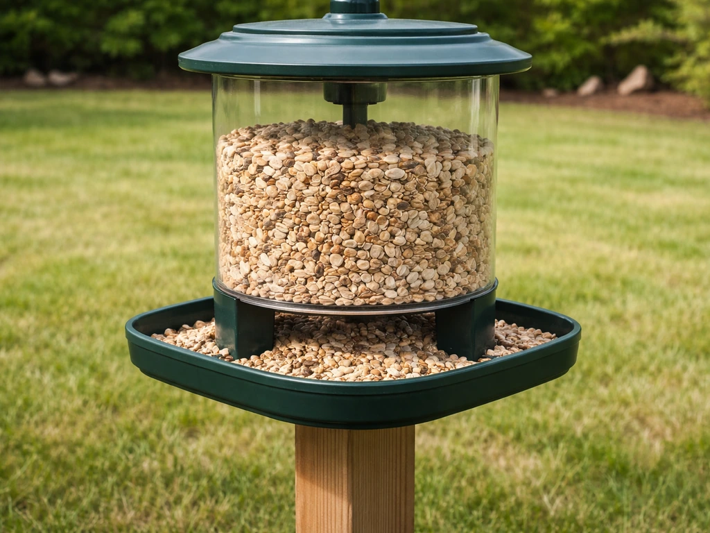 Clean backyard bird feeder with a catch tray, shell-free seed, and no scattered mess on the ground.
