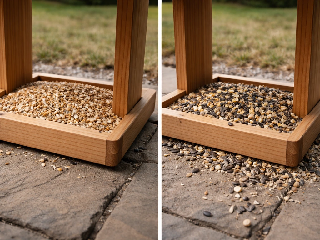 Close-up of a backyard bird feeder showing shell-free seed with little hull litter versus messy hull build-up.