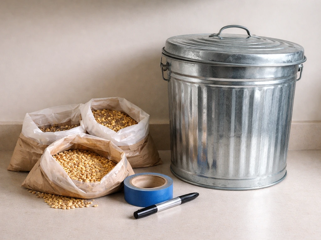 Hard-lidded storage container with seed bags beside it on a clean work surface