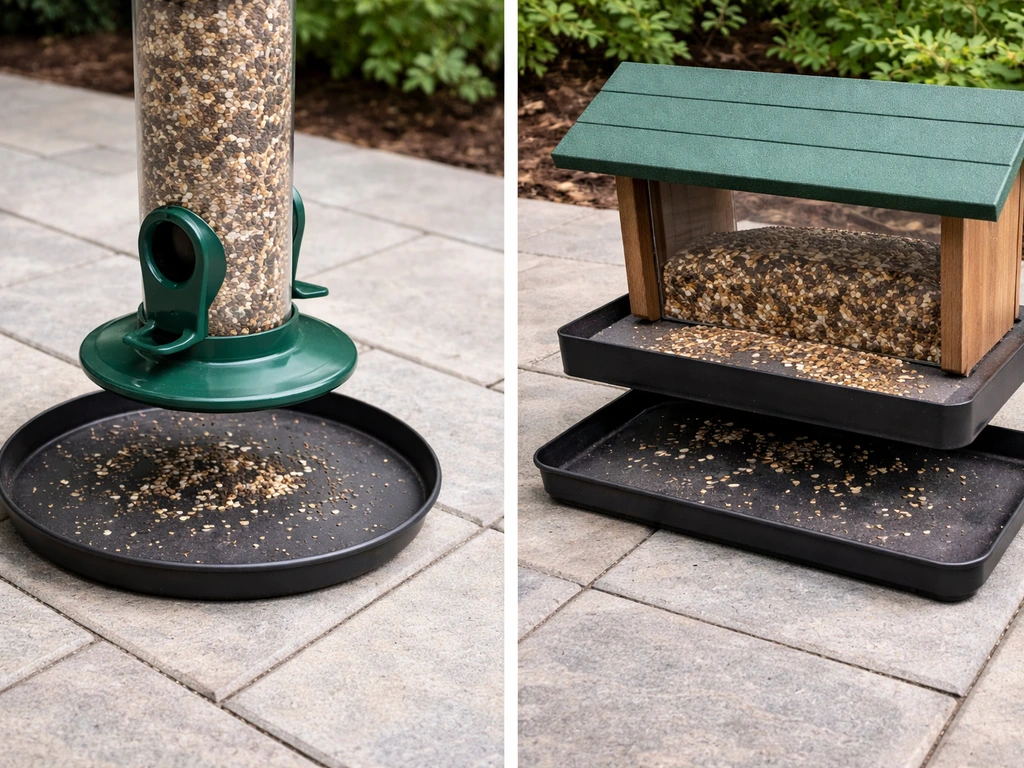 Round catch tray under a tube feeder beside a rectangular tray under a hopper feeder.