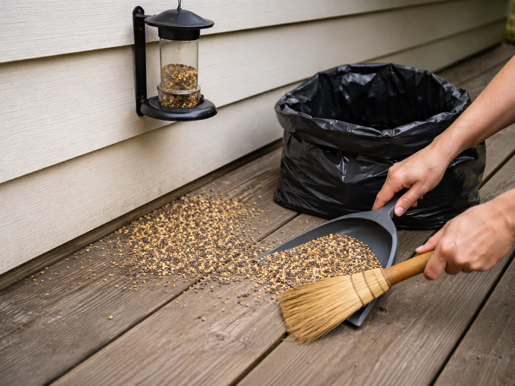 Raked spilled bird seed gathered into a trash bag under a feeder on a porch floor
