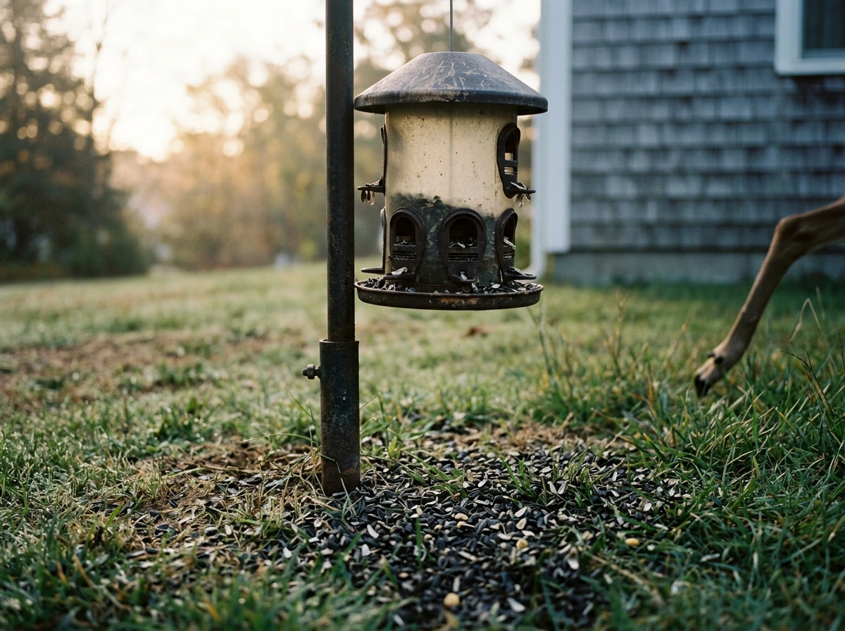 Bird feeder with scattered sunflower seed on the ground beside a house at dawn