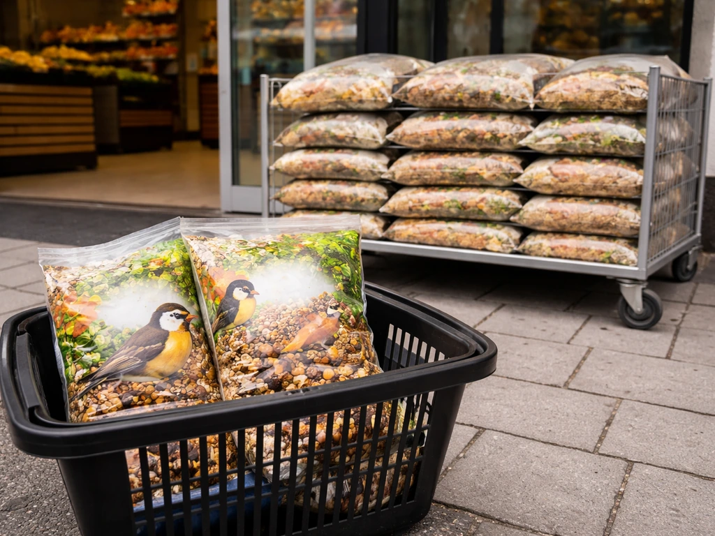 Outdoor Lidl storefront with a shopping basket and visible bird seed bags in a simple aisle display.
