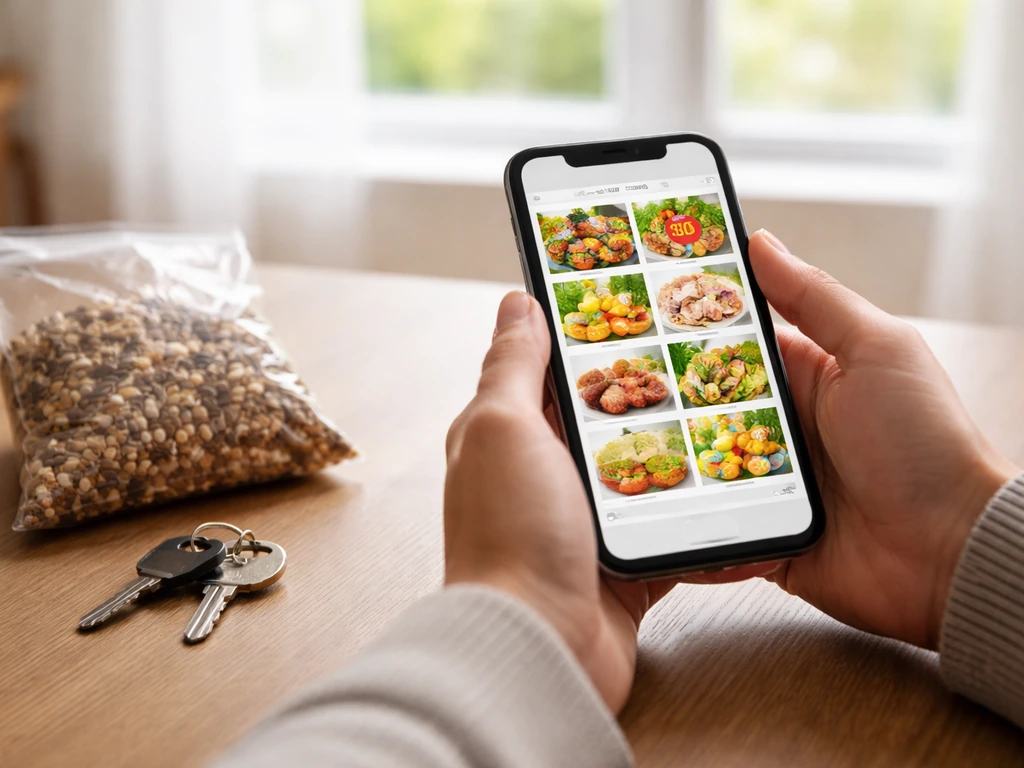 Hands holding a phone showing generic grocery promotions while bird seed sits on a table