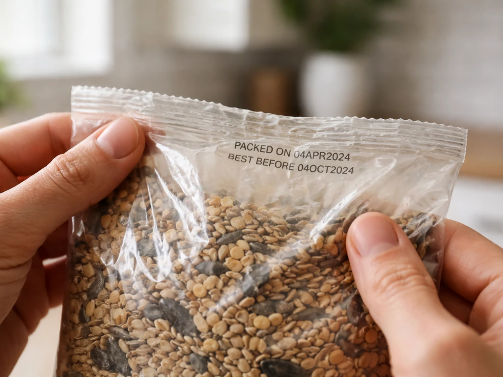 Close-up of hands checking bird seed bag’s seal, dry feel, and packed-on/best-before date stamp.