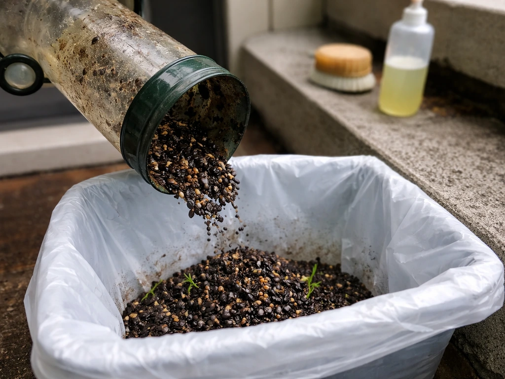 Bird feeder tipped to empty wet, sprouting seed into a bin; cleaning tools nearby.