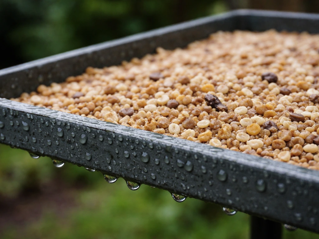 Close-up of no-mess bird seed in a feeder with moisture and raindrops suggesting possible sprouting