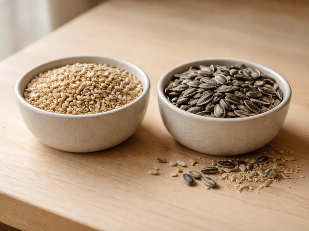 Two small bowls of bird seed: hulled seeds and whole shelled seeds, suggesting less debris