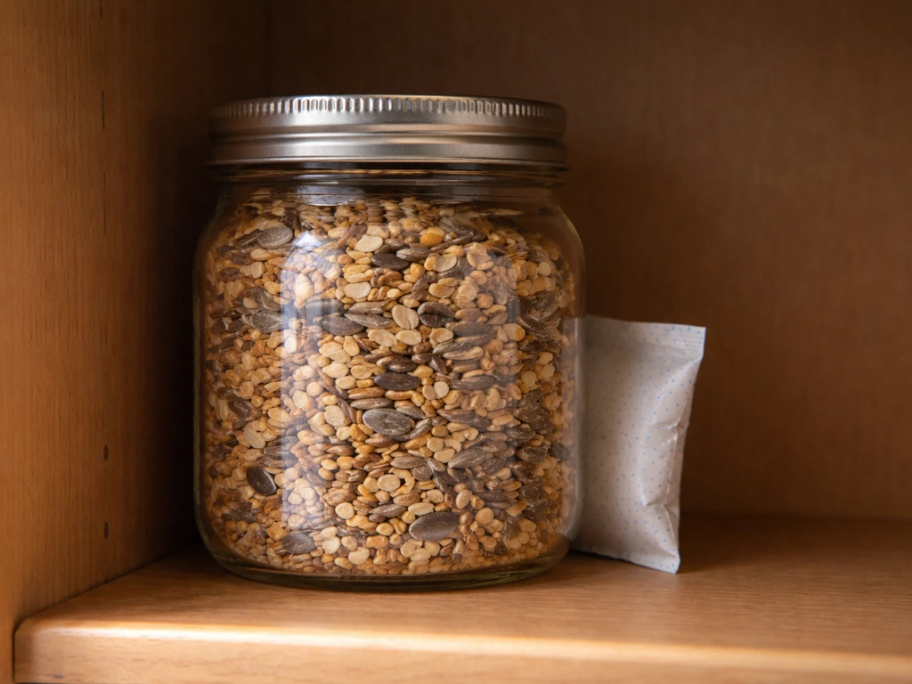 Sealed airtight container of dry bird seed with desiccant in a cool, dark pantry cabinet