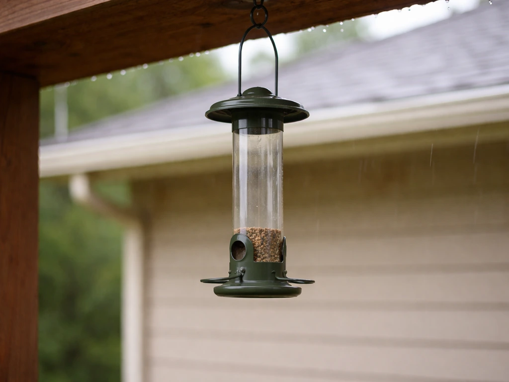 Tube/seed-cylinder bird feeder under an overhang with only a small amount of seed visible, sheltered from rain.
