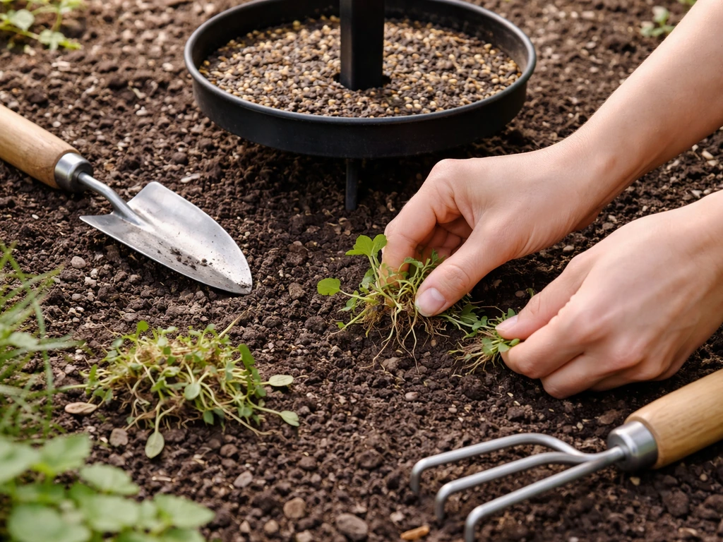 Hands using a small hoe to remove shallow seedlings from soil beneath a bird feeder.
