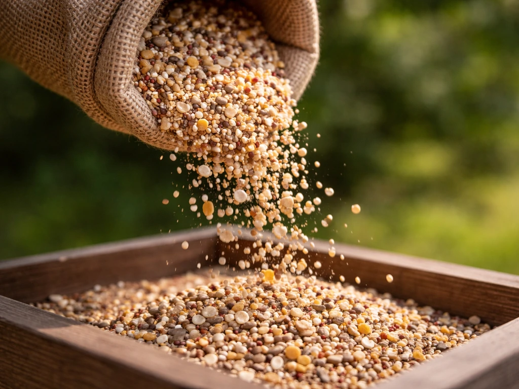 Close-up of bird seed pouring from a bag into a feeder with visible mixed seed textures
