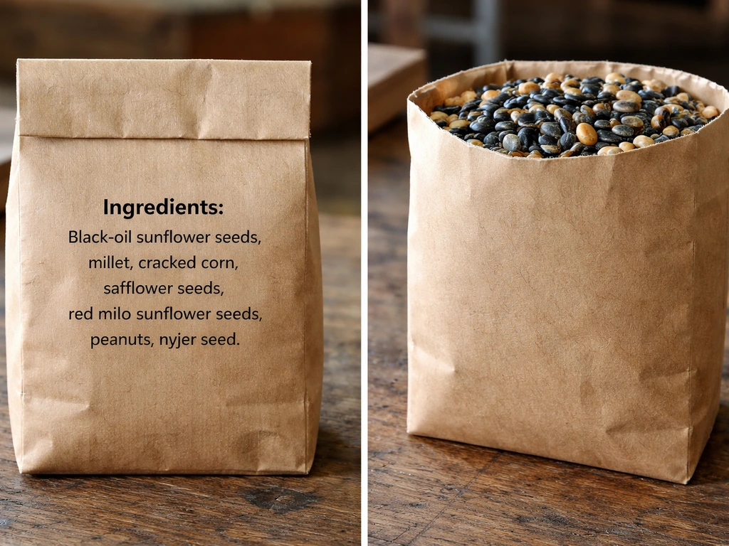 Side-by-side view of bird seed bags: ingredient label on one and mixed seeds with black-oil sunflower as most abundant.