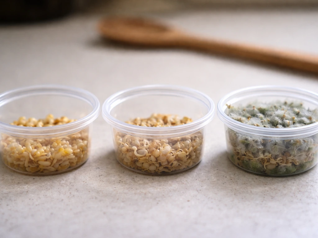 Three containers of seeds: wet sprouted seeds versus clearly fuzzy moldy seeds in the third container.