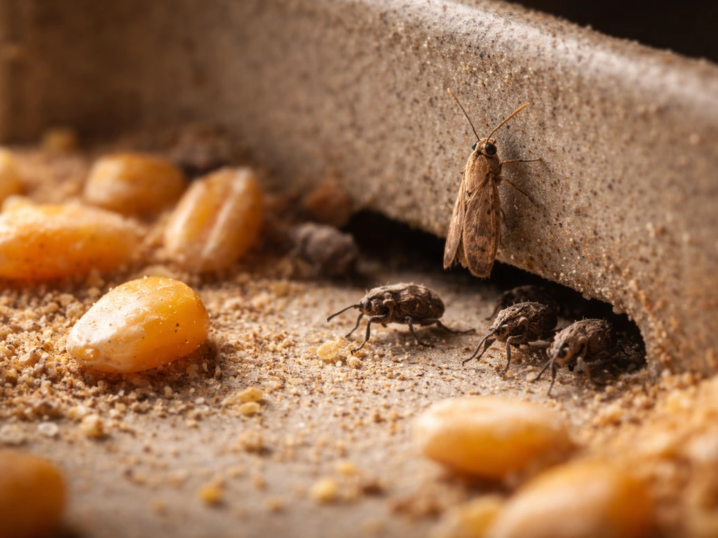 Macro view of weevils and a grain moth emerging near seed dust inside a feeder container