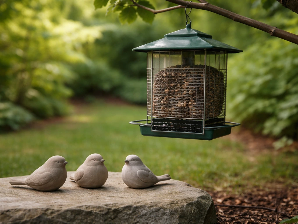 Black-oil sunflower in a feeder with simple silhouettes of small songbirds nearby