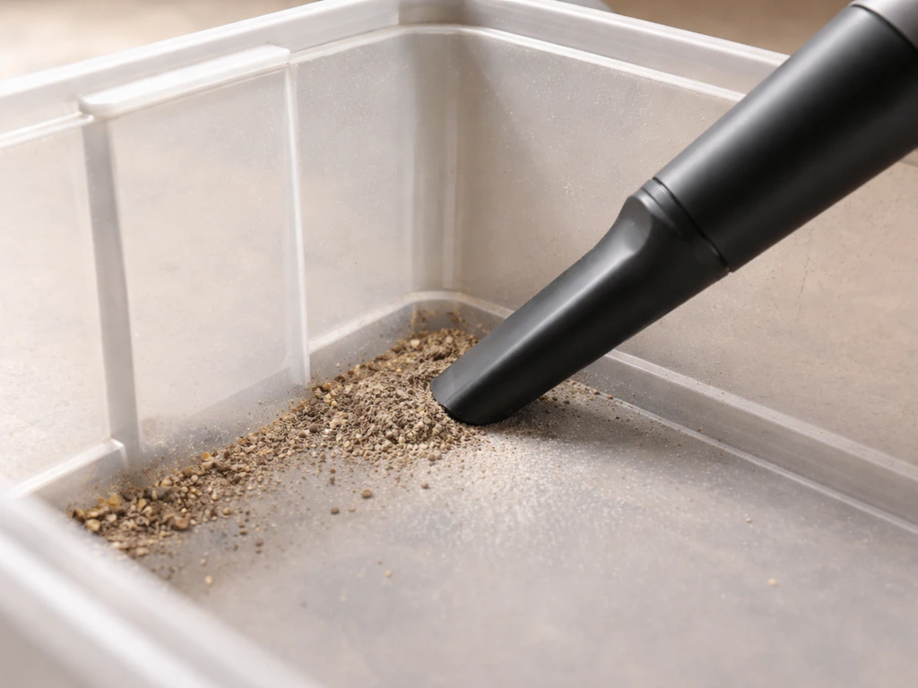 Close-up of a vacuum cleaning grain dust from the seams of an emptied bird seed bin