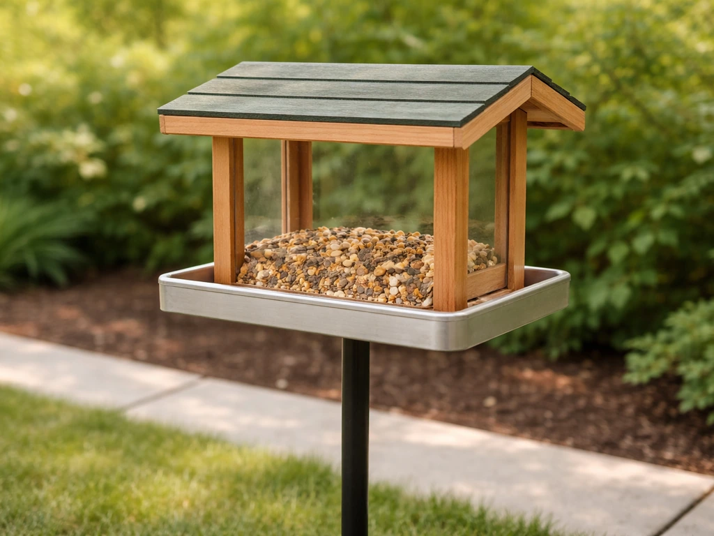 Well-maintained outdoor bird feeder with dry seed and a clean tray area on a patio