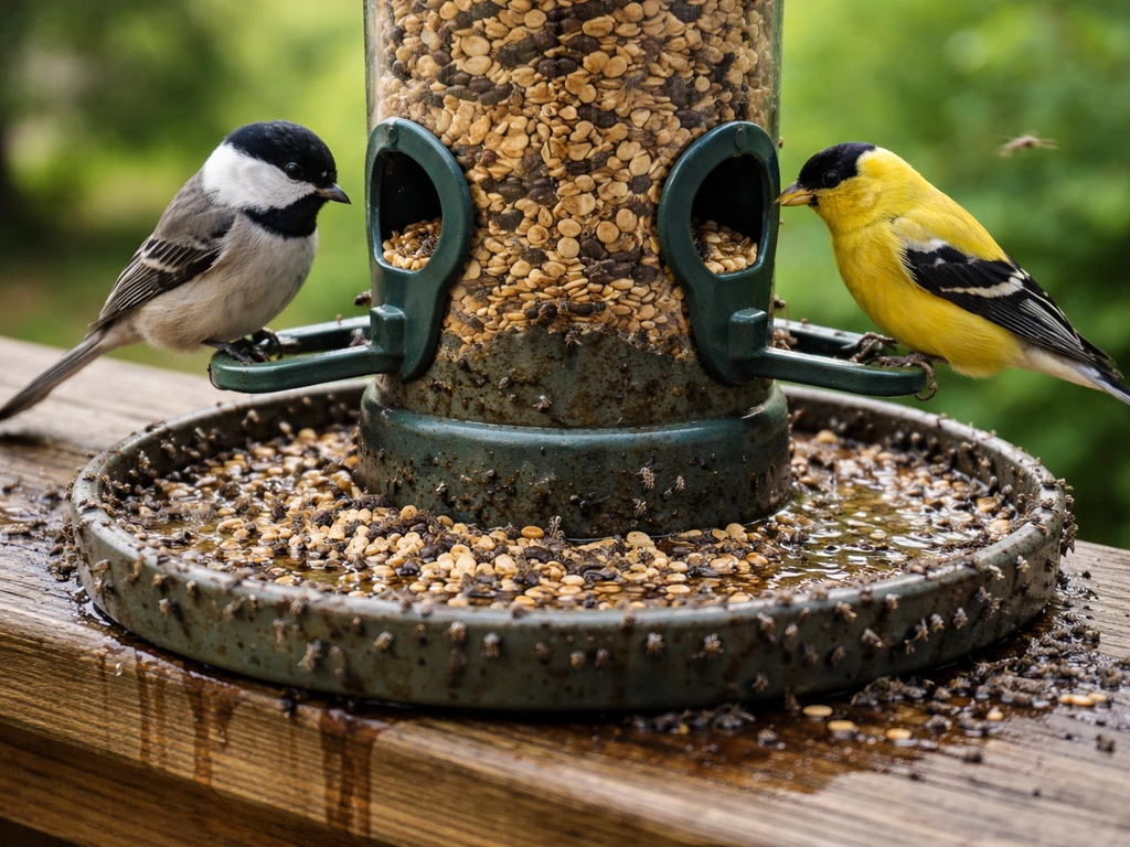 Small birds eating from a feeder as flies gather around spilled damp seed and dirty tray below.
