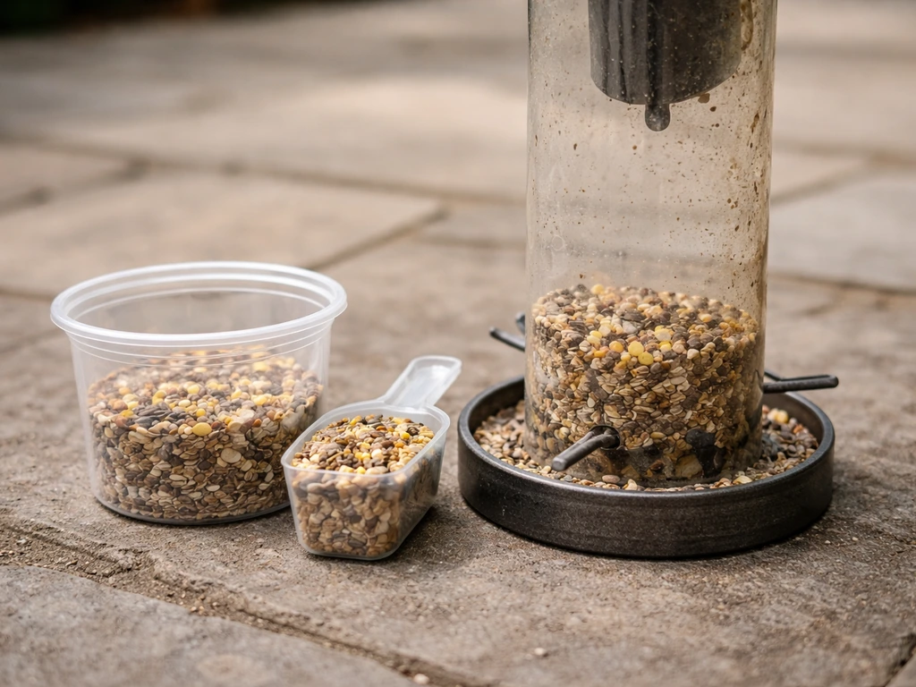 Close-up of a tube bird feeder with low seed fill and a small measured amount of seed beside it.