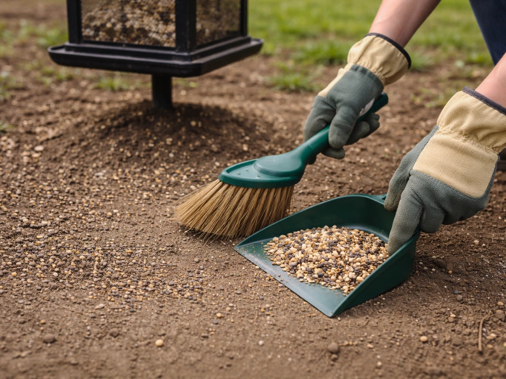 Gloved hands sweep birdseed hulls and droppings from under a backyard bird feeder.