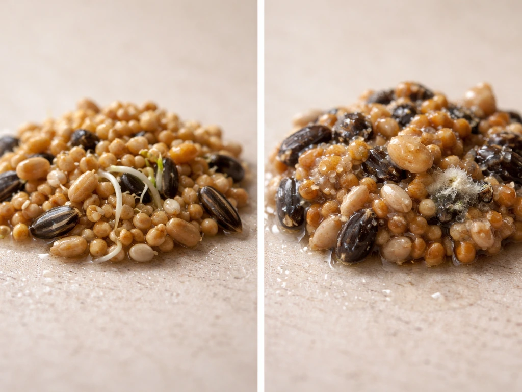 Split view of sprouting bird seed on one side and wet clumped seeds on the other.