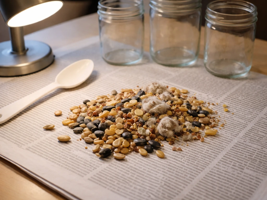 Mixed garden seeds spilled on newspaper under a desk lamp, with clumps and a few fuzzy mold specks.