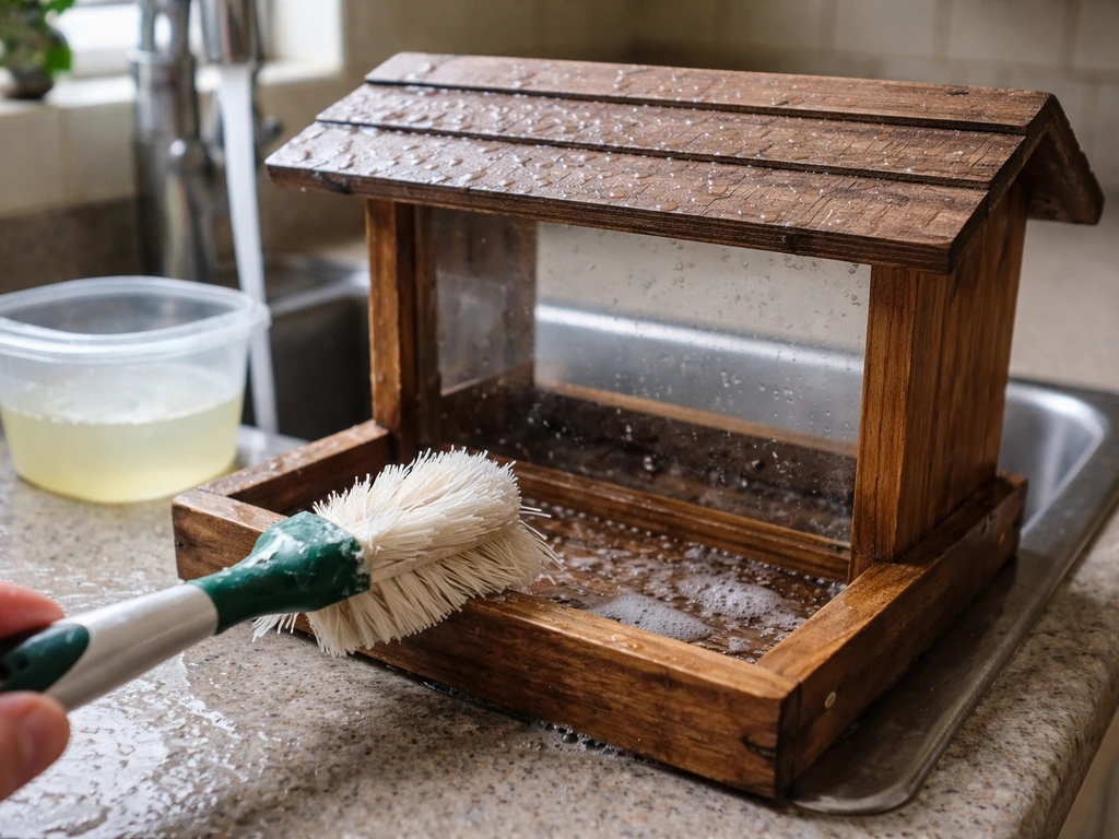 Person cleaning a bird feeder with a stiff brush, hot water and disinfecting solution nearby