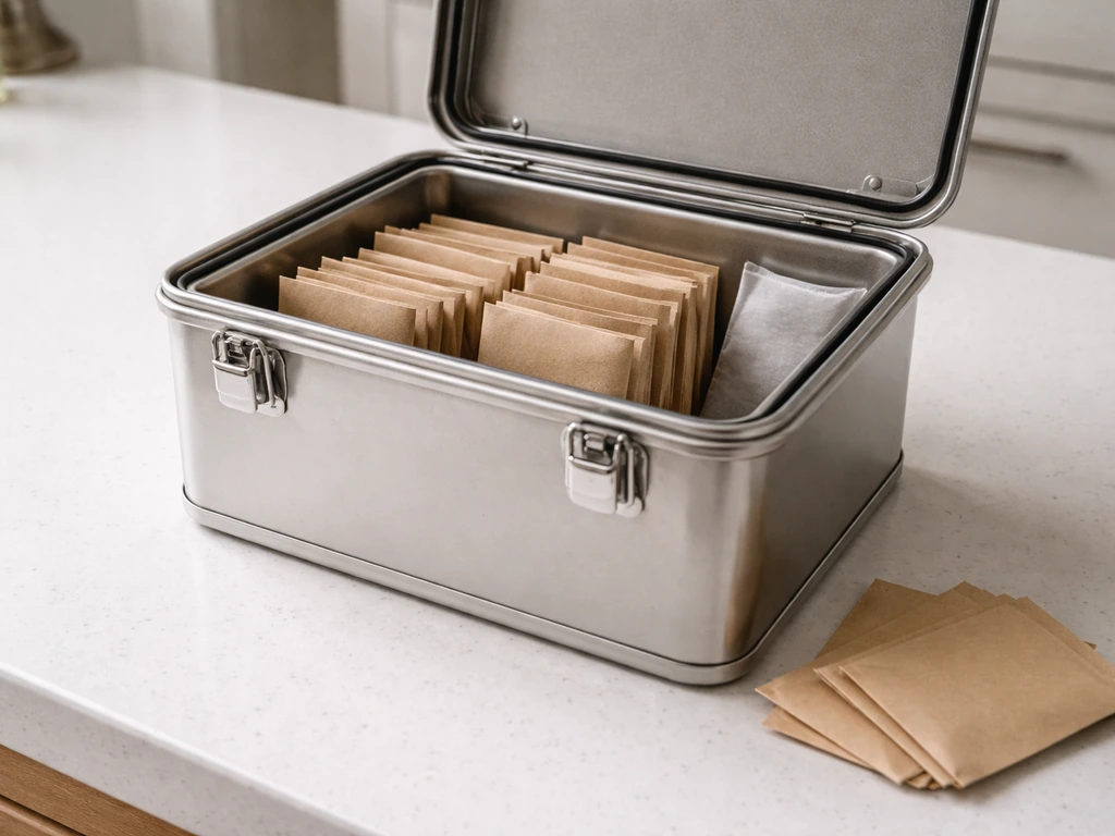 Hard-sided airtight container with seed packets beside it in a dry, sealed storage setup