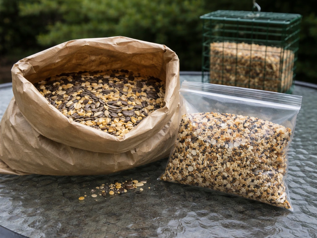 Bird seed next to an everything seasoning bag and a wire bird feeder in a backyard setting.