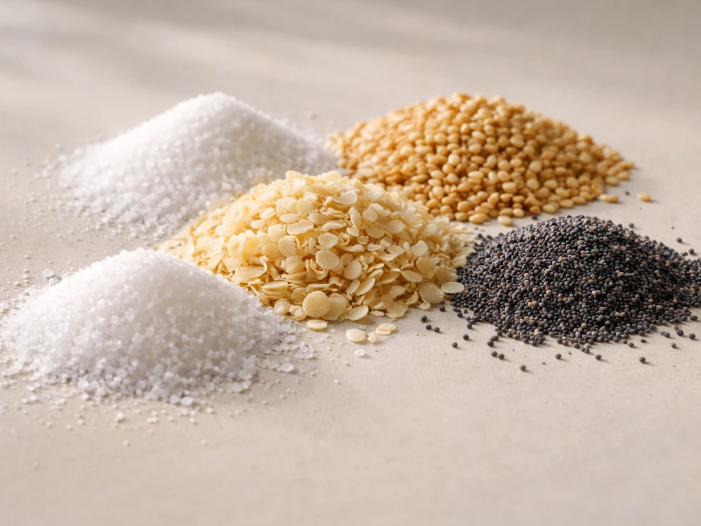 Close-up of everything seasoning ingredients: dehydrated garlic, onion flakes, sesame and poppy seeds, and salt