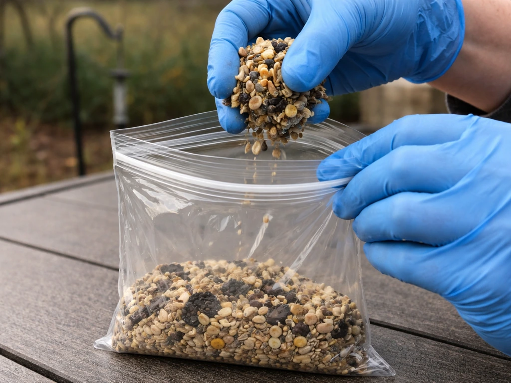 Gloved hands sealing a clear plastic bag with contaminated bird seed for disposal.