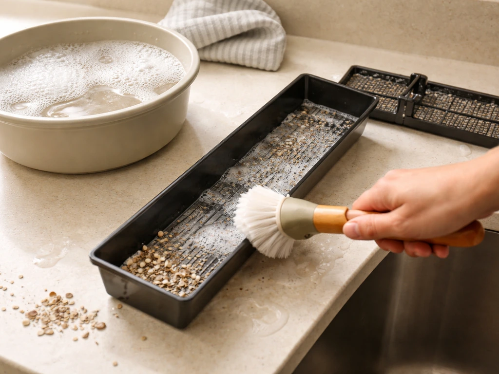 Hand scrubs an empty bird feeder tray with soapy water while residue is tapped out for cleaning.