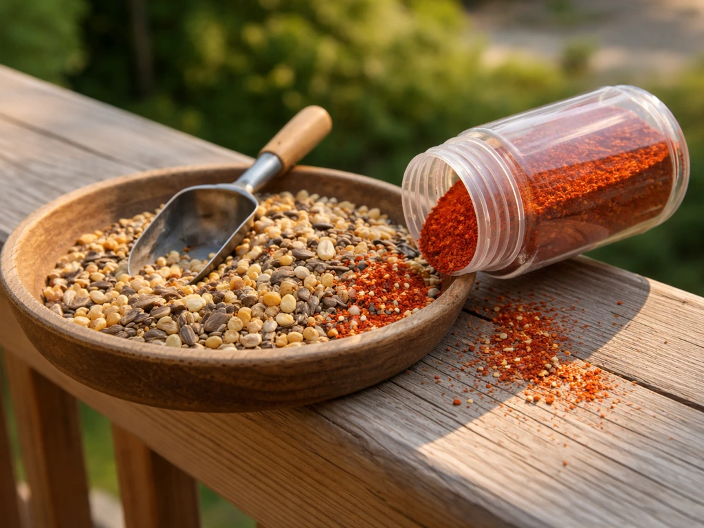 Close-up of bird seed and a container of cayenne red pepper beside a bird feeder.