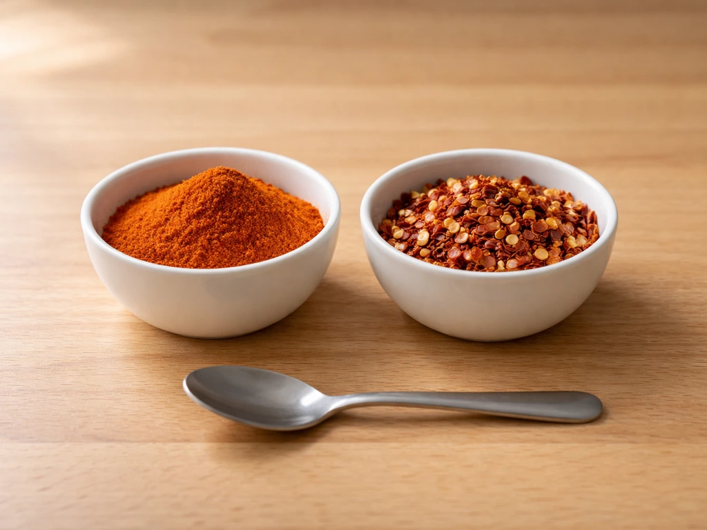 Two small bowls showing fine ground cayenne powder and coarse crushed red pepper flakes for seed mixing.