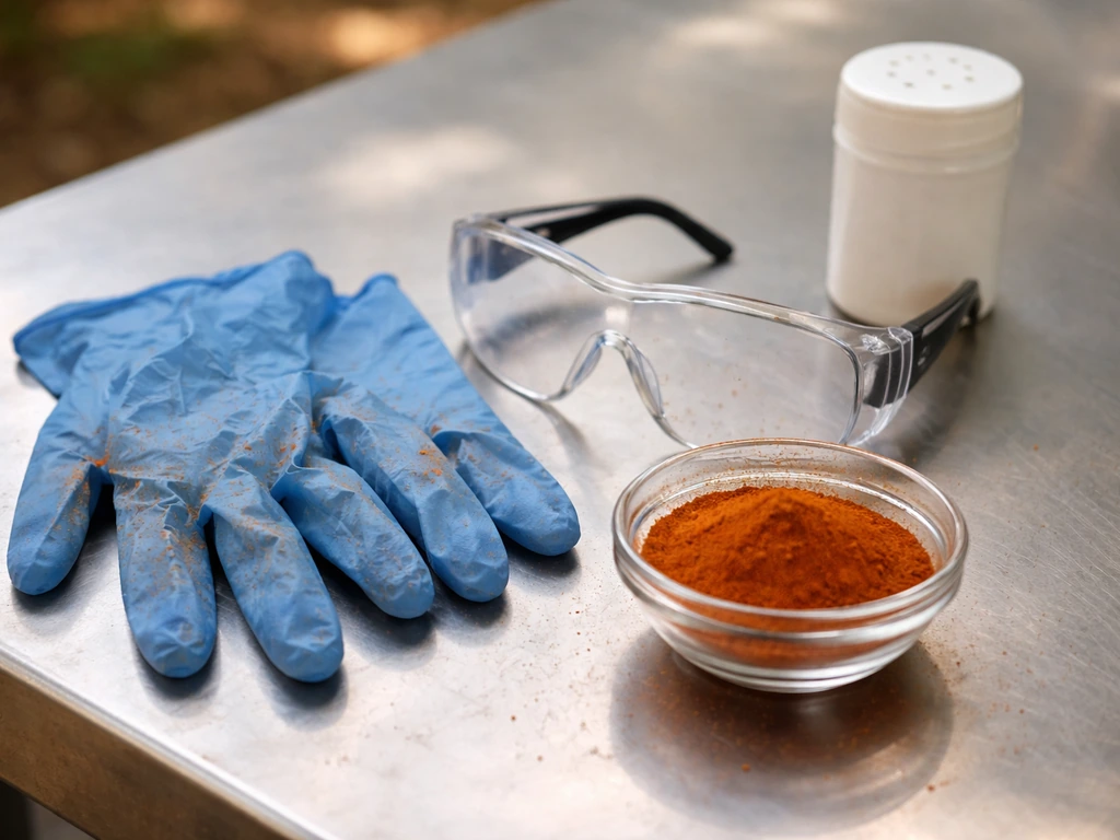 Nitrile gloves and safety goggles beside a bowl and shaker of cayenne pepper powder outdoors.