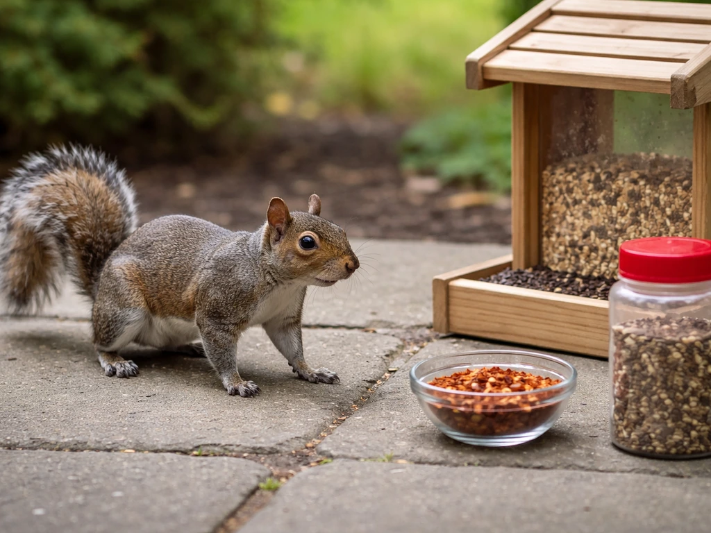 A squirrel near a bird feeder beside a small container of red cayenne-spiced seed
