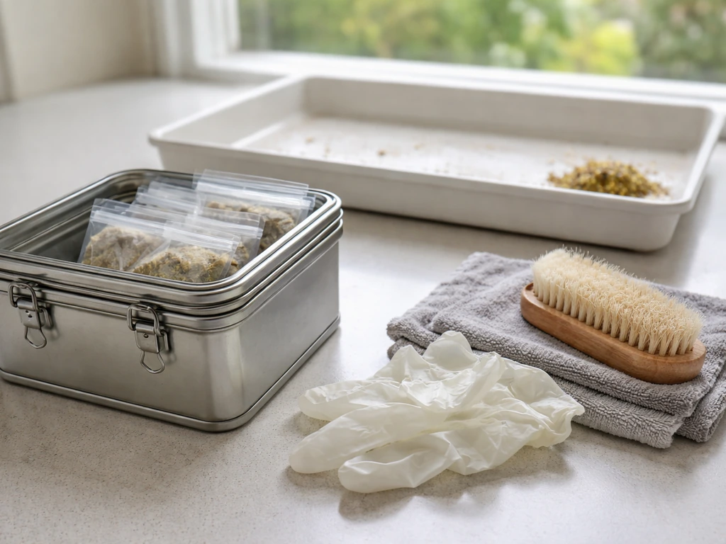 Airtight metal seed container with cleaning tools and a feeder tray showing wet treated seed removed promptly.